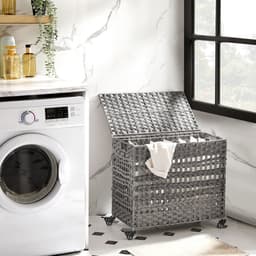 Luxe Handgeweven Wasmand met 3 Compartimenten – Grijs – Poly Rotan Wasmand met Deksel, Afneembare Waszakken & Metalen Frame – Grote Opvouwbare Wasmand 66x35x60,5 cm – Ideaal voor Slaapkamer, Badkamer & Wasruimte — thumbnail 4