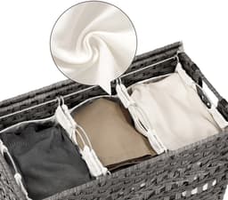 Luxe Handgeweven Wasmand met 3 Compartimenten – Grijs – Poly Rotan Wasmand met Deksel, Afneembare Waszakken & Metalen Frame – Grote Opvouwbare Wasmand 66x35x60,5 cm – Ideaal voor Slaapkamer, Badkamer & Wasruimte — thumbnail 5