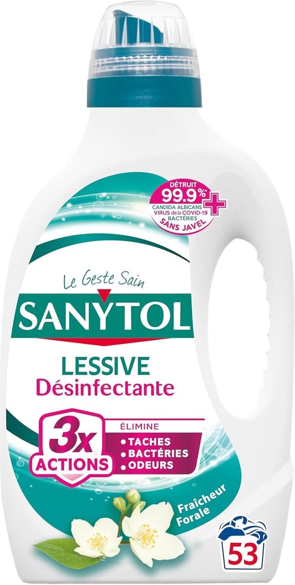 Sanytol - Desinfecterend wasmiddel - Witte bloemen - 2,65 L - Alle soorten linnen, behoudt vezels en kleuren bij alle temperaturen - Bactericide, virusdodend - Geen bleekmiddel — afbeelding 1