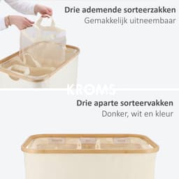 KROMS Wasmand 3 vakken - Beige - Inclusief NL & ENG labels - Wassorteerder bamboe - Laundry basket - Wasmand met deksel - 145 L — thumbnail 4