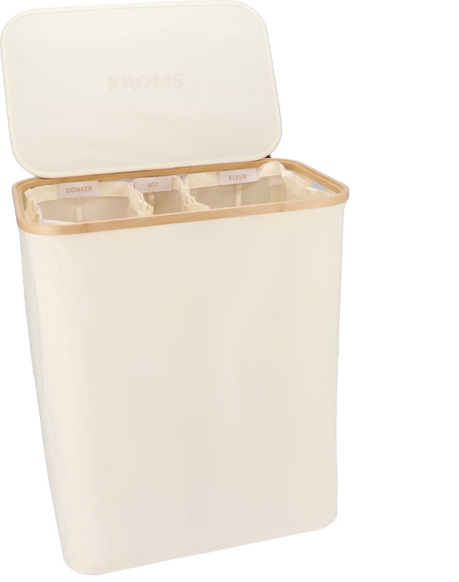 KROMS Wasmand 3 vakken - Beige - Inclusief NL & ENG labels - Wassorteerder bamboe - Laundry basket - Wasmand met deksel - 145 L — afbeelding 1