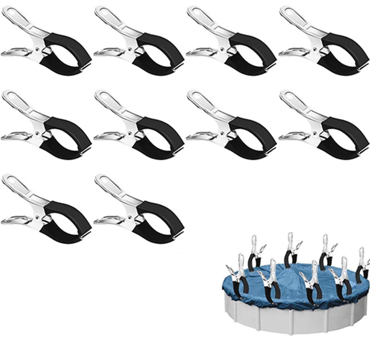 10 stuks grote roestvrijstalen wasknijpers - grote clips van 12 cm - strandlakenklemmen - stevige handdoekklemmen - winddicht en krasvast - stevige klemming - geschikt voor het drogen van dekbedden, sokken, kleding en zwembadafdekkingen - Zwart — afbeelding 1