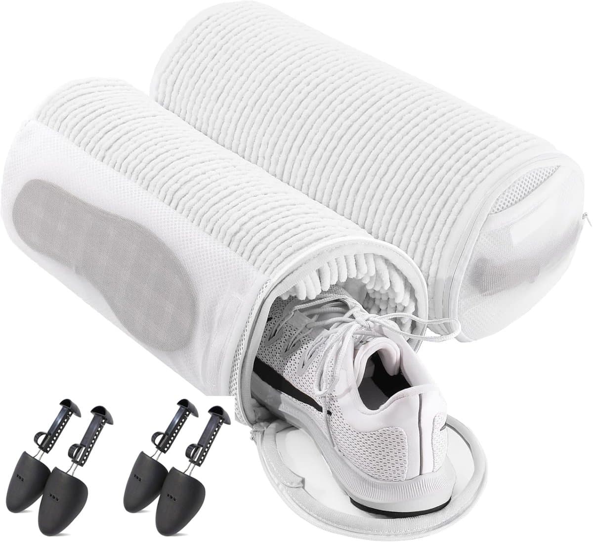 Waszak-waszak schoenen-waszak voor schoenen-2-pack schoenwaszakken met 2 paar schoenspanners - 360° omwikkelbare waszak - Inclusief veters en binnenzolen - Herbruikbare sneakerwaszak - Verborgen rits - Wit - 33x16cm — afbeelding 1