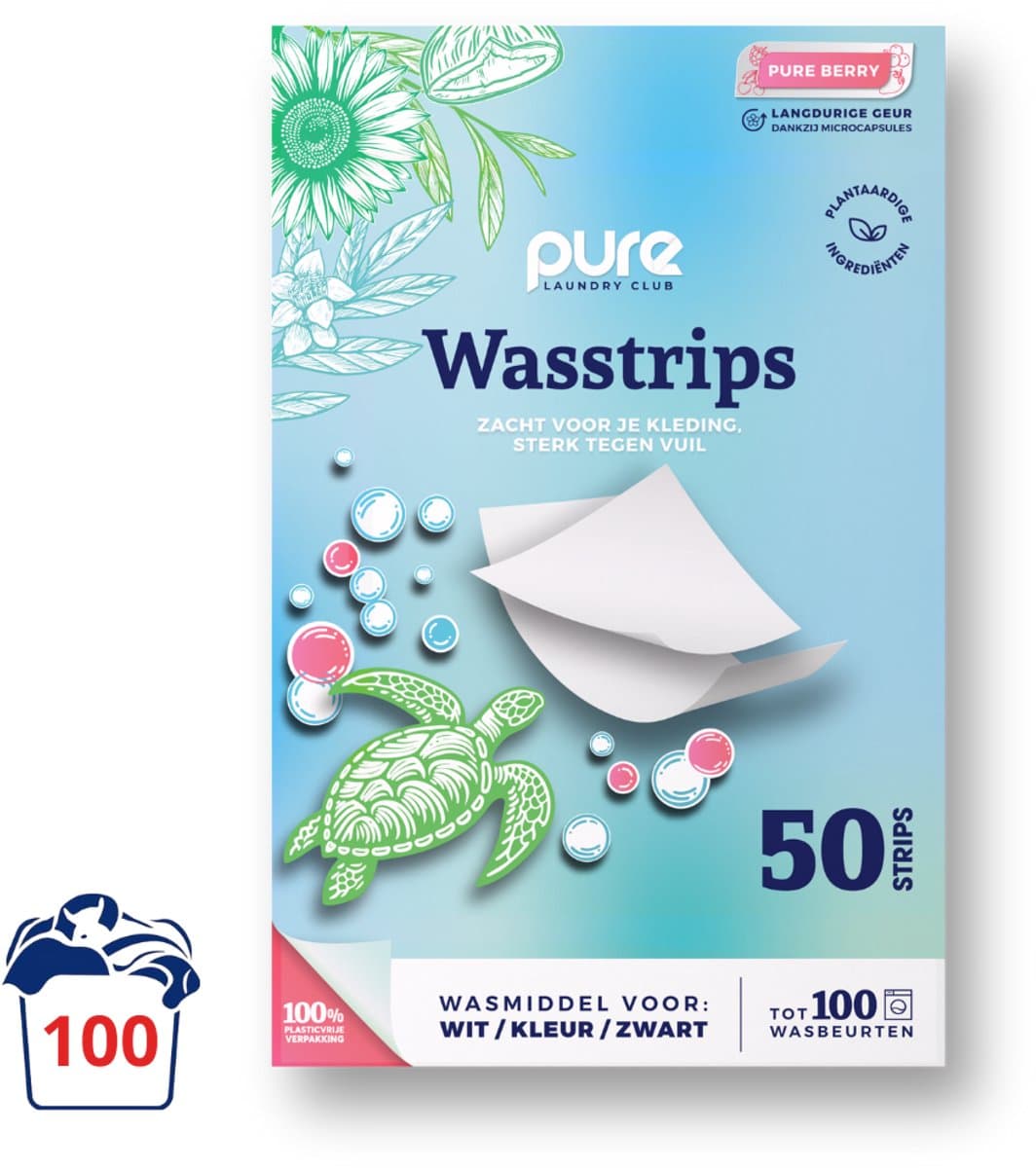 Pure Laundry Club Wasstrips - Pure Berry - 100 Wasbeurten - Krachtige Reiniging - Plasticvrij Wasmiddel - Wasmiddeldoekjes voor Wit, Kleur & Zwart — afbeelding 1