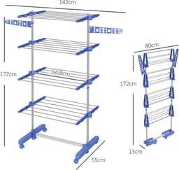 Pugsdrly Wasrek Wasdroger 5 niveaus, opvouwbaar, One-Click-systeem, 142 cm x 55 cm x 172 cm, blauw + zilver — thumbnail 1