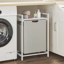 Wasmand, vuilewasmand, met opbergrek en uitschuifbare afneembare waszak, stevig en duurzaam metalen frame, grote capaciteit van 65 liter, geschikt voor wasruimte, slaapkamer en badkamer, 50 x 33 x 72cm, Wit — thumbnail 4