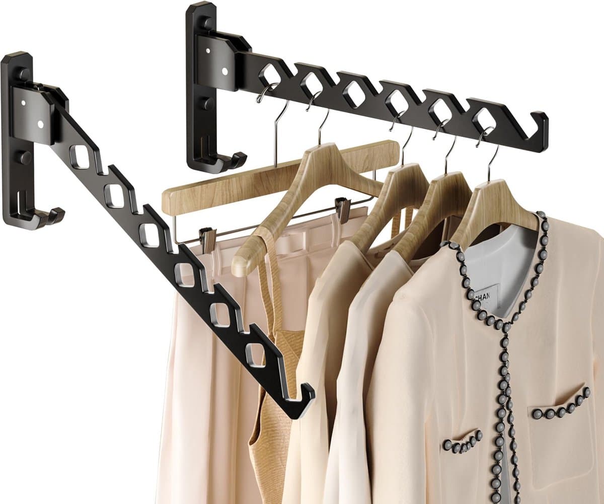 Aan de muur bevestigd droogrek, zwart droogrek, kledinghaak aluminium, intrekbaar, opvouwbaar, binnen wand gemonteerd droogrek, ruimtebesparend, wasruimte slaapkamer, zwarte 2-delige set — afbeelding 1
