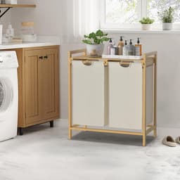 Wasmand met 2 vakken - 36 liter wasverzamelaar en wassorteerder met bamboe bovenkant en handgrepen - Geschikt voor bijkeuken en badkamer - Beige — thumbnail 2