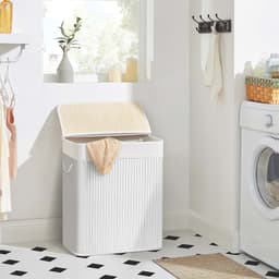Witte Wasmand met 2 compartimenten 100L – Opvouwbare Wasverzamelaar met Deksel en Verwijderbare Waszak — thumbnail 3