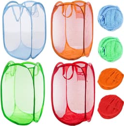 Wasmand - 4 Stuks - Mand - 30 × 30 × 46 CM - Wassorteerder - Wasbox Opvouwbaar - Mesh wasmand - Speelgoedmand - Draagbaa - Voor slaapkamer, kinderkamer, studentenhuis en reizen - Rood, oranje, hemelsblauw en groen — thumbnail 1