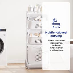 Eleganca Wasmand 3 vakken - Inhoud 82 L - Wassorteerder - Afneembare manden - Wasmand op Wielen - Ruimtebesparend - B44xD33xH109 cm - Kunststof - Gebroken Wit — thumbnail 4