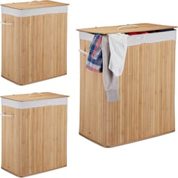 3x wasmand 2 vakken - bamboe wasbox - 95 liter - opvouwbaar - met deksel — thumbnail 4