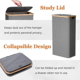 Mrs. Jones Wasmand met deksel 70 liter smalle wasbox met bamboe handvat en binnenzak opvouwbare wasbox-wassorteerder voor bijkeuken yoga-organizer donkergrijs. . — thumbnail 5