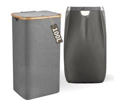 Wasmand met Deksel en Waszak - 100L - Groot Formaat - Wasmand - Opvouwbaar - Opbergmand - Linnen - Grijs