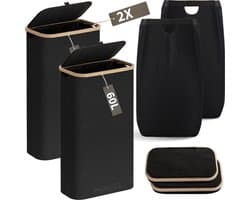 Smalle Wasmand - 60L - 2 Stuks - Wasmanden met Deksel en Waszak - Mand Vuile Was - Opbergmand - Mand - Zwart — afbeelding 1