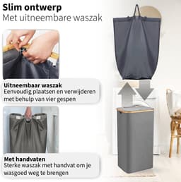 Wasmand met Waszak - 100L - Groot formaat - Wasmand met deksel - Sterk materiaal - Wassorteerder - 2 Stuks - Grijs — thumbnail 5