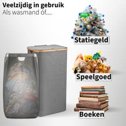 Wasmand met Waszak - 100L - Groot formaat - Wasmand met deksel - Sterk materiaal - Wassorteerder - 2 Stuks - Grijs — thumbnail 3
