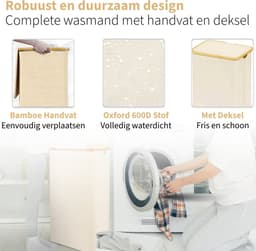 Wasmand met Waszak - 100L - Groot formaat - Wasmand met deksel - Sterk materiaal - Wassorteerder - 2 Stuks - Beige — thumbnail 2
