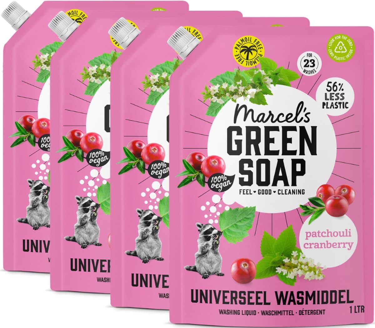Marcel's Green Soap Universeel Wasmiddel Navulling - Patchouli & Cranberry - 4 x 1L - 92 wasbeurten — afbeelding 1