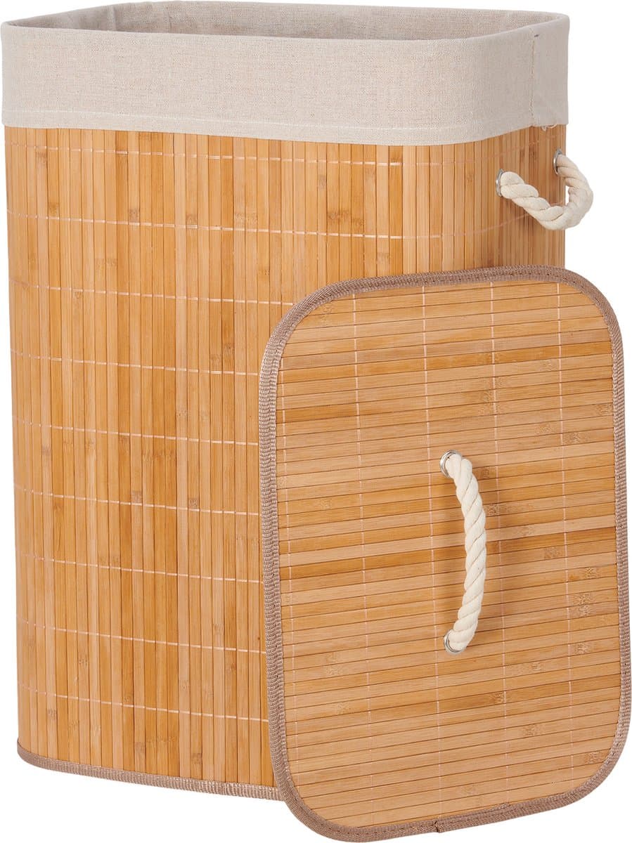Infinity Goods Bamboe Wasmand met Deksel - Wassorteerder - Wasbare katoenen waszak - Handvatten - 72 Liter - Natuurlijk Bruin — afbeelding 1