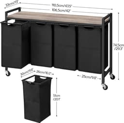 Wasmand - vuile wasmand - opslag met 4 vakken - 4 x 39,8 l - plank - 4 afneembare zakken van Oxford-stof - metalen frame EBG04XY01 — thumbnail 2