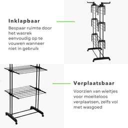 Inklapbaar Wasrek - Droogtoren - Kleding Droogrek - Staal en Kunststof - 75x64x178 cm - Met Wieltjes - Zwart - Inclusief EBOOK — thumbnail 5