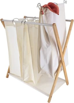 Tendance Wasmand met 3 compartimenten - bamboe hout - wit - inklapbaar - was sorteren — thumbnail 2