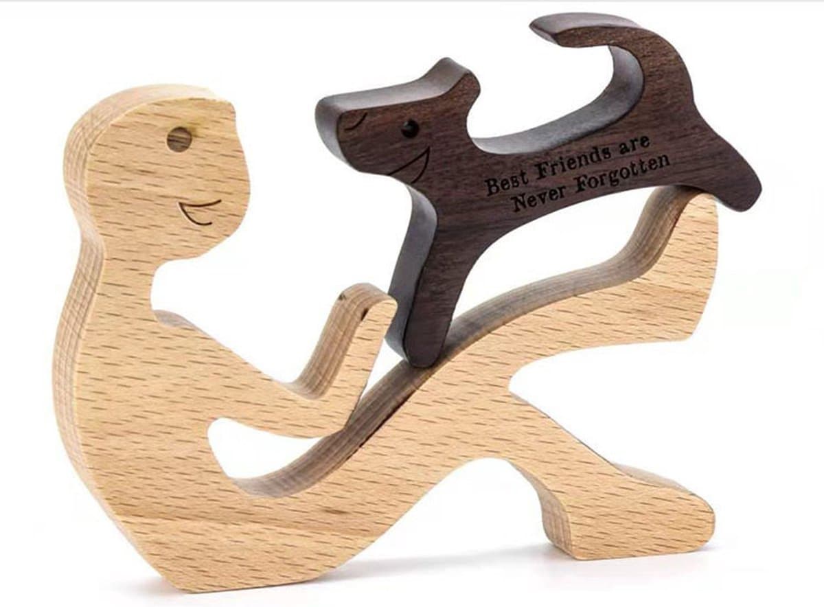 Houten beeldje - Natuurlijk hout - Beeld - Decoratief - Hout - Man - Hond - Tekst - X13 — afbeelding 1