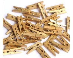 Kleine houten mini knijpers - 50 STUKS - Goud - Knijpertjes - Fotoknijpers - Geboorte wasknijpers - 2.5 CM - Kaartknijpers - Foto knijpers - Knijper om foto's aan op te hangen - Fotohouder - Knijpers - Wasknijpers - Kerstkaart hangers - Decoratie