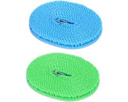2 stuks Draagbare waterdichte waslijn, Nylon Waslijn (Blauw, Groen) | Nylon, lengte: 5 m, roosterontwerp, in lengte verstelbaar, stevig en duurzaam, voor het drogen van kleding, beddengoed enz.