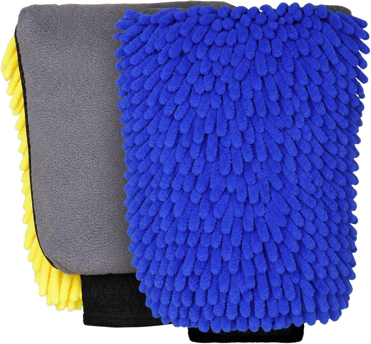 Set van 2 autowashandschoenen, chenille, dubbelzijdig, absorberend en waterdicht, 19 x 26 cm, krasbestendig, voor reiniging van auto/motorfiets, geel + blauw — afbeelding 1