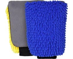 Set van 2 autowashandschoenen, chenille, dubbelzijdig, absorberend en waterdicht, 19 x 26 cm, krasbestendig, voor reiniging van auto/motorfiets, geel + blauw
