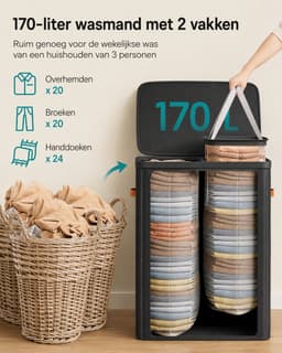 CORE Wasmand - Was sorteerder - Afneembare waszak - 2-vaks - Met Deksel en handgrepen - 170L - 56x40x75cm - Kunststof en Polyester - Zwart — thumbnail 3