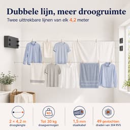 Waslijn Uittrekbaar - Waslijndraad met stalen kern - Ook zonder boren - Wasdraad - Roldrooglijn - Drooglijn - Ruimtebesparend - 8.4 (2x 4.2m )meter Drooglengte - Binnen en Buiten - Max. 20 kg Belastbaar - Zwart — thumbnail 4