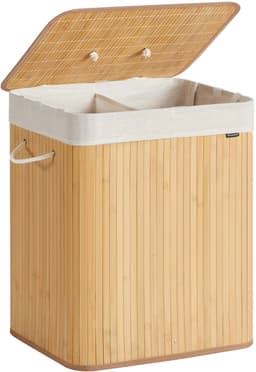 Wasmand, sorteermand met twee vakken, 50x40x61cm, natuurlijke houtkleur, grote capaciteit 120L, bamboe frame draagvermogen 15kg, met afneembare wasbare binnenzak en katoenen handgrepen, opvouwbaar ontwerp voor eenvoudige opslag — thumbnail 1