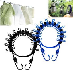 2 stuks - Waslijn - Waslijn camping - Elastische waslijn met Wasknijpers - Compact opvouwbaar voor kamperen, reizen en balkongebruik - 1,8m - Zwart + Blauw — thumbnail 1