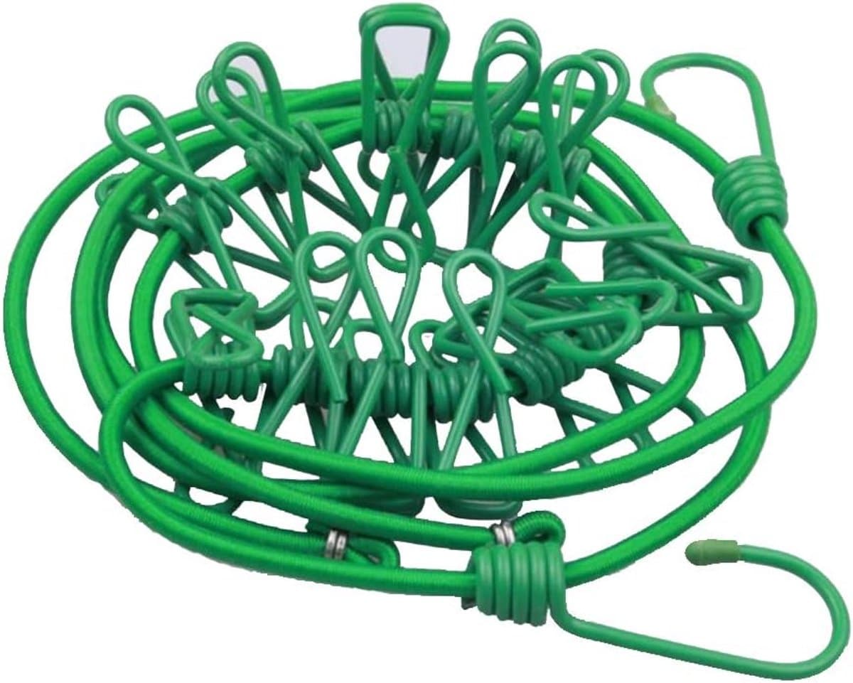 Waslijn 2 stuks - Flexibel droogtouw - Kleding drogen - Met 12 klemmen - 180-360 cm - Groen — afbeelding 1
