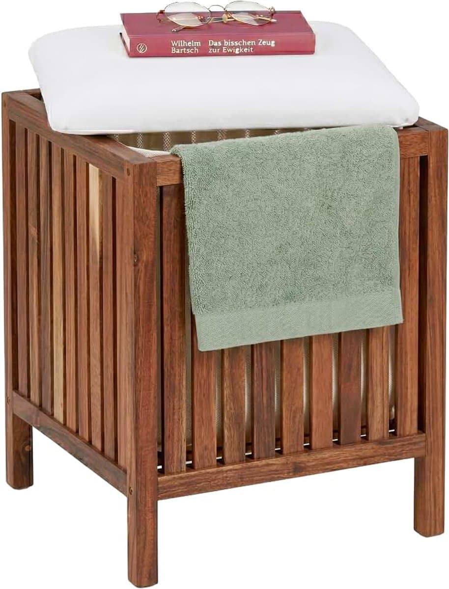 Wasmand met zitje, badkamerbank met opbergruimte, 50 l, bruin/wit | HxBxD 50x40x40 cm, acaciahout, stof — afbeelding 1
