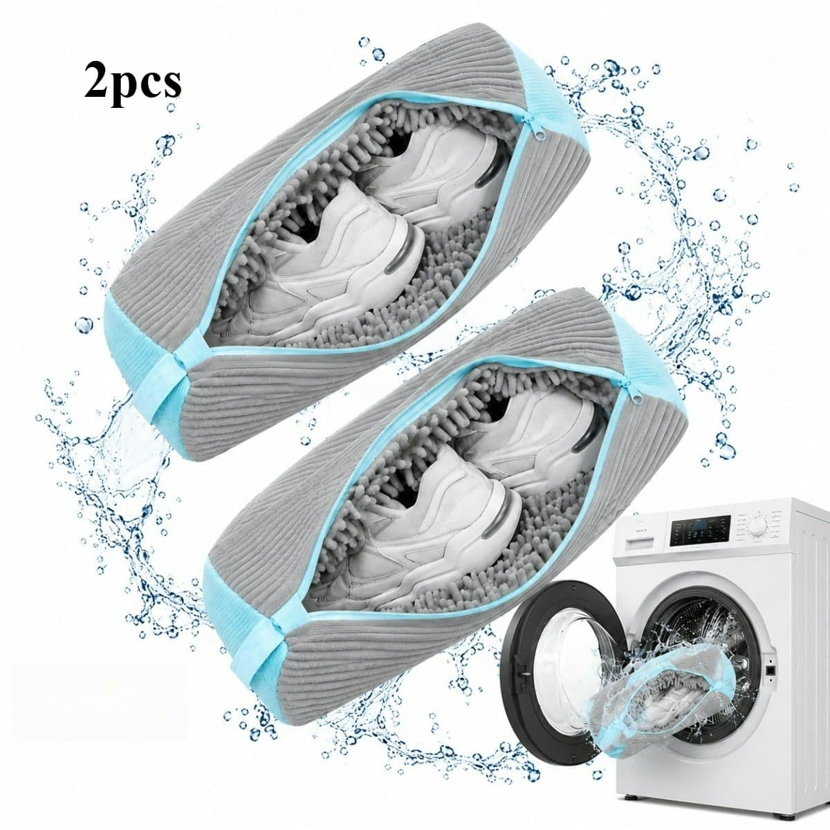Wasmachine Schoenwaszak 2 Stuks, Microvezel Schoonmaak Zakken voor Sneakers Canvas Schoenen, 360° Reiniging Waszak met Rits, Geschikt voor Alle Soorten Schoenen,Grijs schoenen waszakken — afbeelding 1