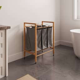 COVREO Wasmand 83 x 62 x 40 cm - 3 vakken, uitneembare waszak, bamboe en wielen — thumbnail 2