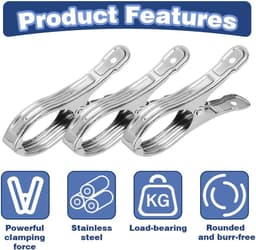 Wasknijpers Roestvrij Staal - Handdoekclips Kledingclips - Kleding Drogen - Sterke Klemkracht - 8.9 x 5 cm - Zilver — thumbnail 4