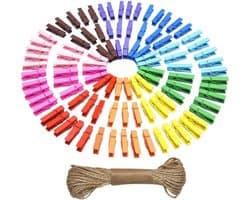eBoot Mini Gekleurde natuurlijke houten knijpers wasknijpers kleding fotopapier peg pin kracht clips met koord, 100 stuks