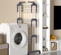 4-Laags Wasdroogrek Met Wielen - 2 Zijhaken Met Vergrendelbare Remmen - Stevig Metalen Frame - Snelle Montage in 10 Minuten Plat Op Te Vouwen - Voor Binnen- En Buitengebruik — thumbnail 4