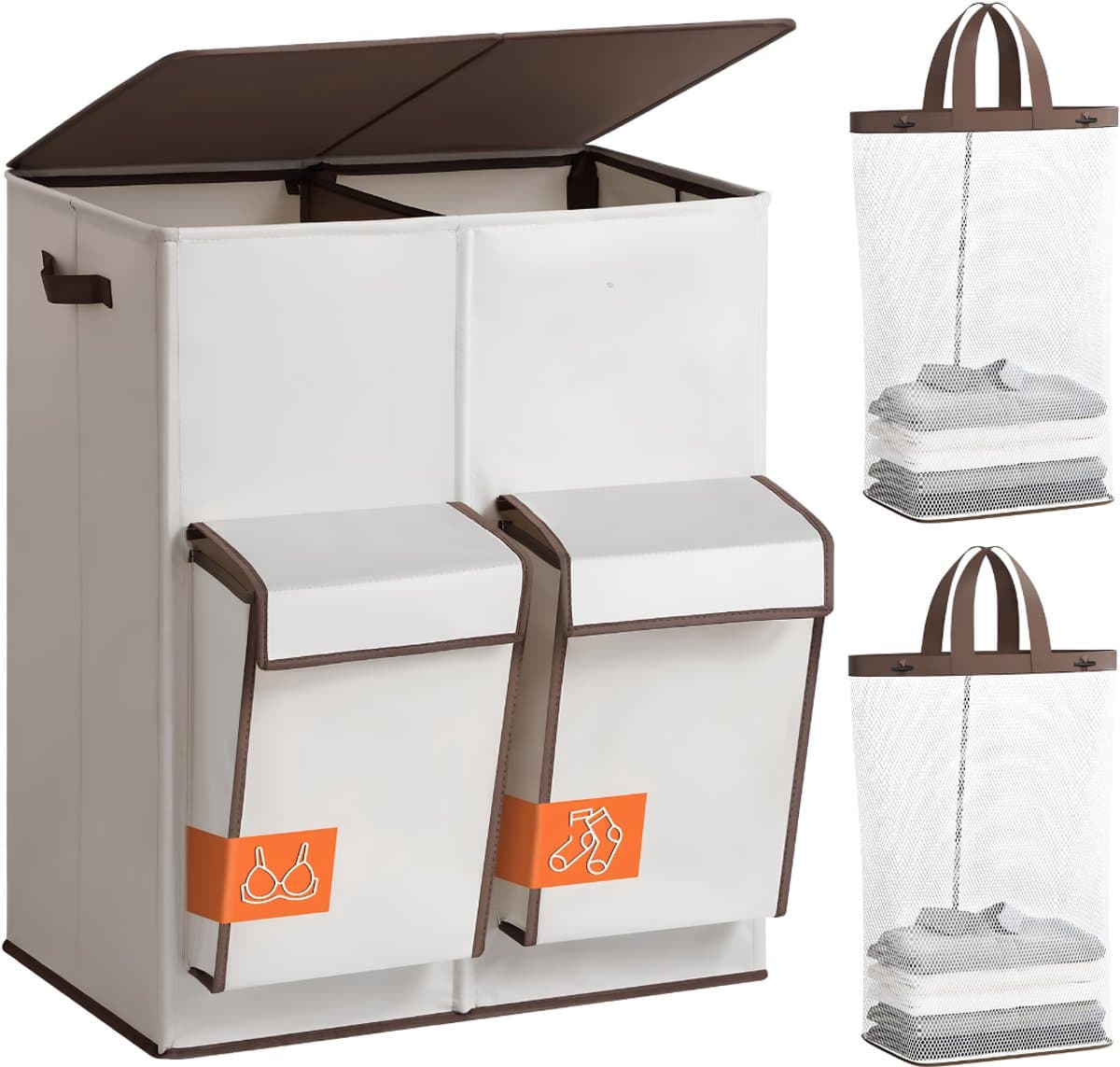 Lìon® Wasmand - 180L - Wasmand 4 Vakken - Wasmand met Deksel - Beige - 58cm x 40cm x 71cm — afbeelding 1