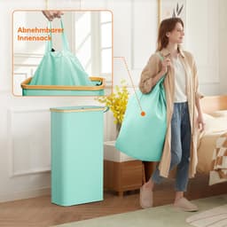 Wasmand met Deksel, Smalle Wasmand, Laundry Basket met Bamboe Frame, Uitneembare Zak en Handgreep, Voor Slaapkamer, Badkamer, Wasruimte, 65L, Turquoise — thumbnail 3