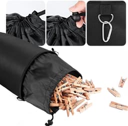 Wasknijperzak met sluitkoord, voor maximaal 200 knijpers, knijpzak voor wasknijpers, opslag voor binnen en buiten, zwart, cylindricity — thumbnail 5