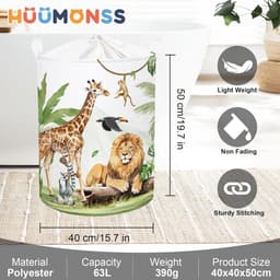 Dieren Kinder Wasmand Opvouwbaar voor Jongens Meisjes Giraffe Leeuw Groot Kleding Speelgoed Opbergmand voor Kinderkamer Bad, Aap, 63L — thumbnail 4