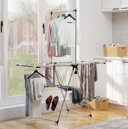 MEUNIQ droogrek staand opvouwbaar 156,5 x 68 x 192 cm met verstelbare vleugels, 4 schoenhouders, meerlaagse droogruimte, RVS, zilver — thumbnail 1