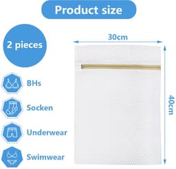 Waszakken voor wasmachine, 2 stuks, waszakken met gouden ritssluiting, wasnet, reizen, opbergtas, organisatiezak voor truien, overhemden, ondergoed (30 x 40 cm) — thumbnail 2