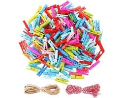 120 Stuks 3,5 cm Kleurrijke Houten Wasknijpers Mini Ambachten Foto Peg Klemmen Met 29,8 Meter Touw